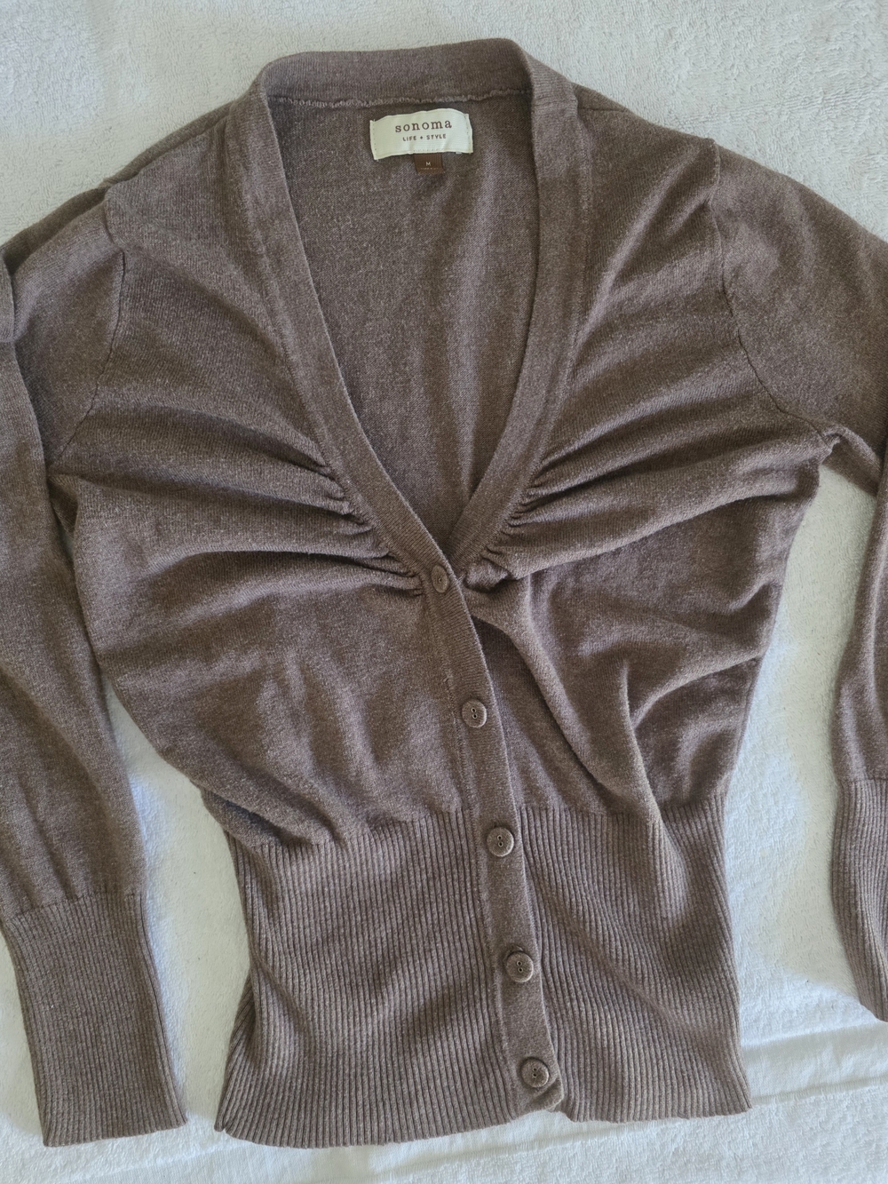 Sonoma Brown Gathered-Bust Button Cardigan